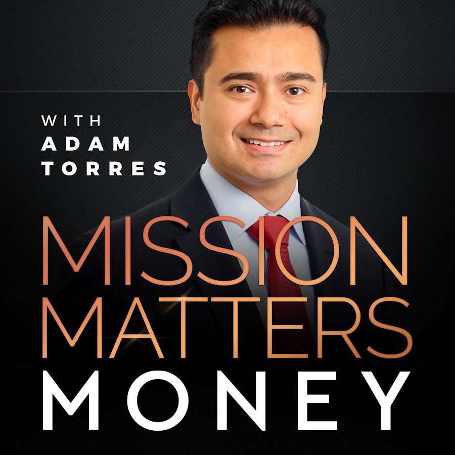 A man in a suit and tie with the words " mission matters money ".